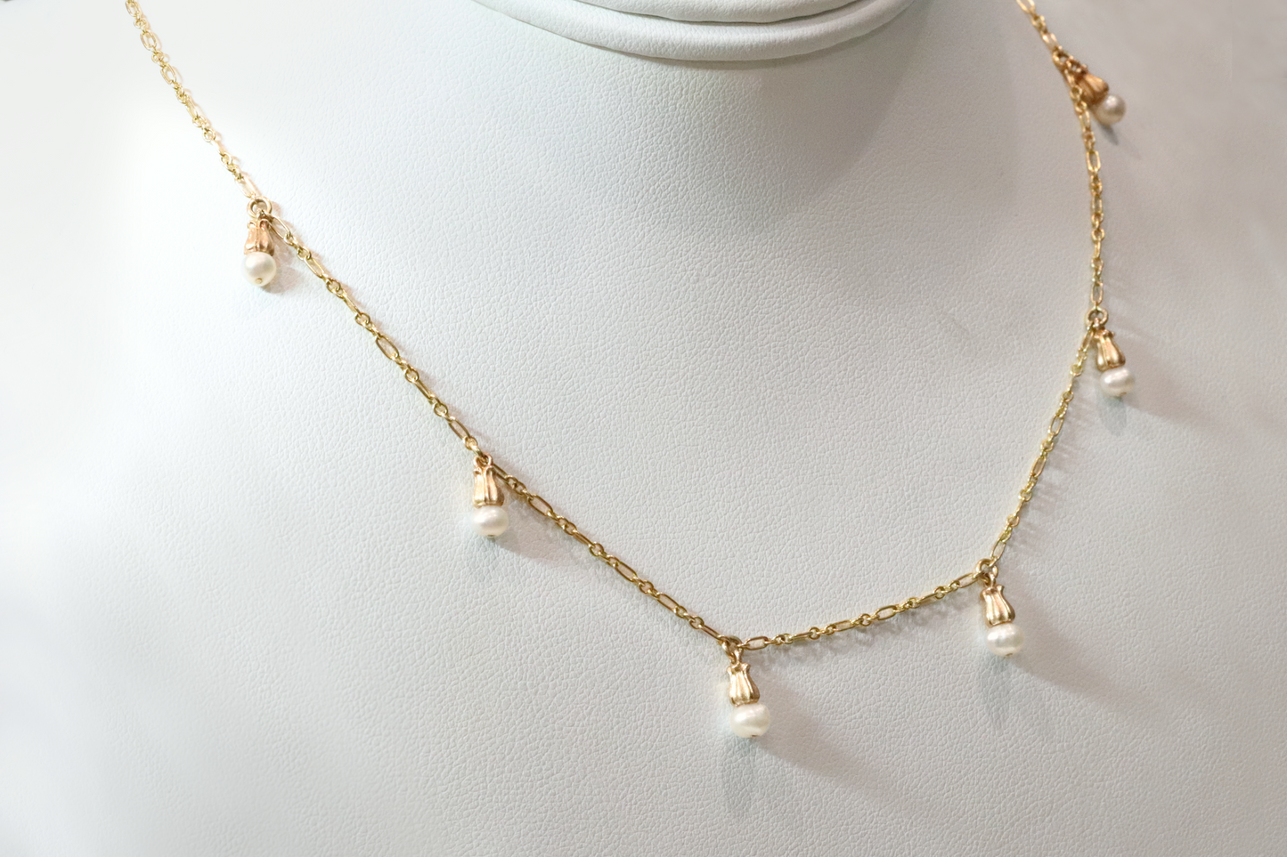 Little Mirror Bead // Fringe Necklace with Pearl // 14K yellow gold